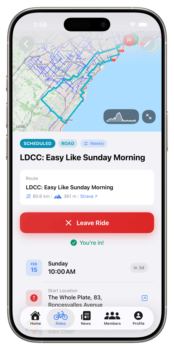 Ride detail with route map