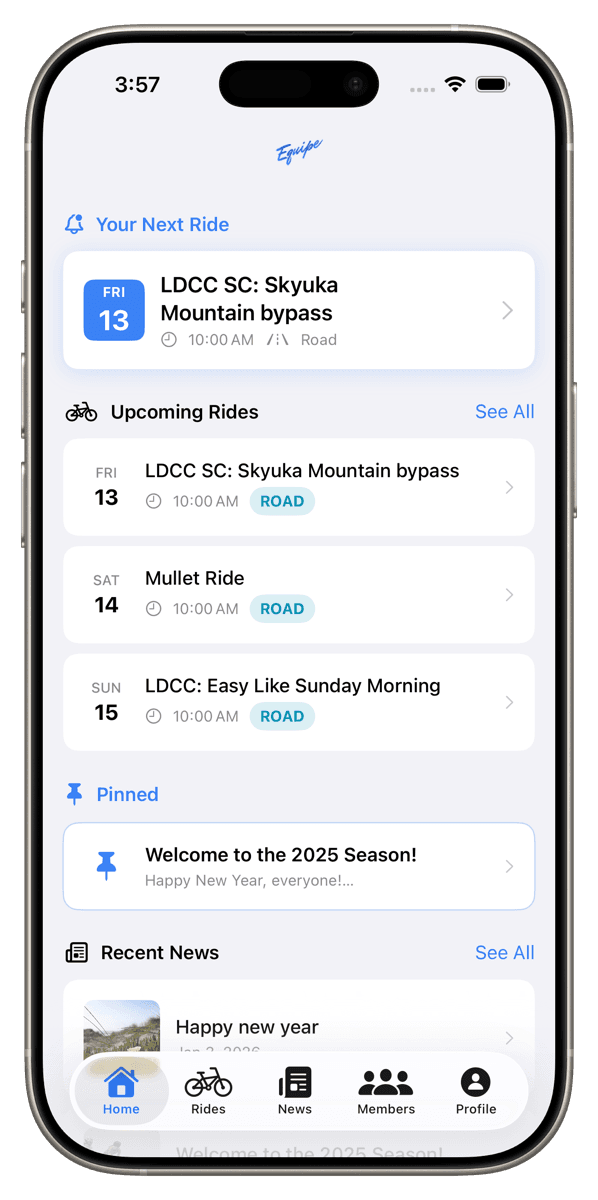 Equipe iOS app home screen